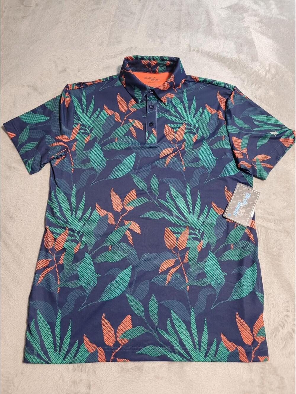 Birdie Bound Golf Polo Shirt, Leaf/Floral Print Men's Size Small Strech Jungle